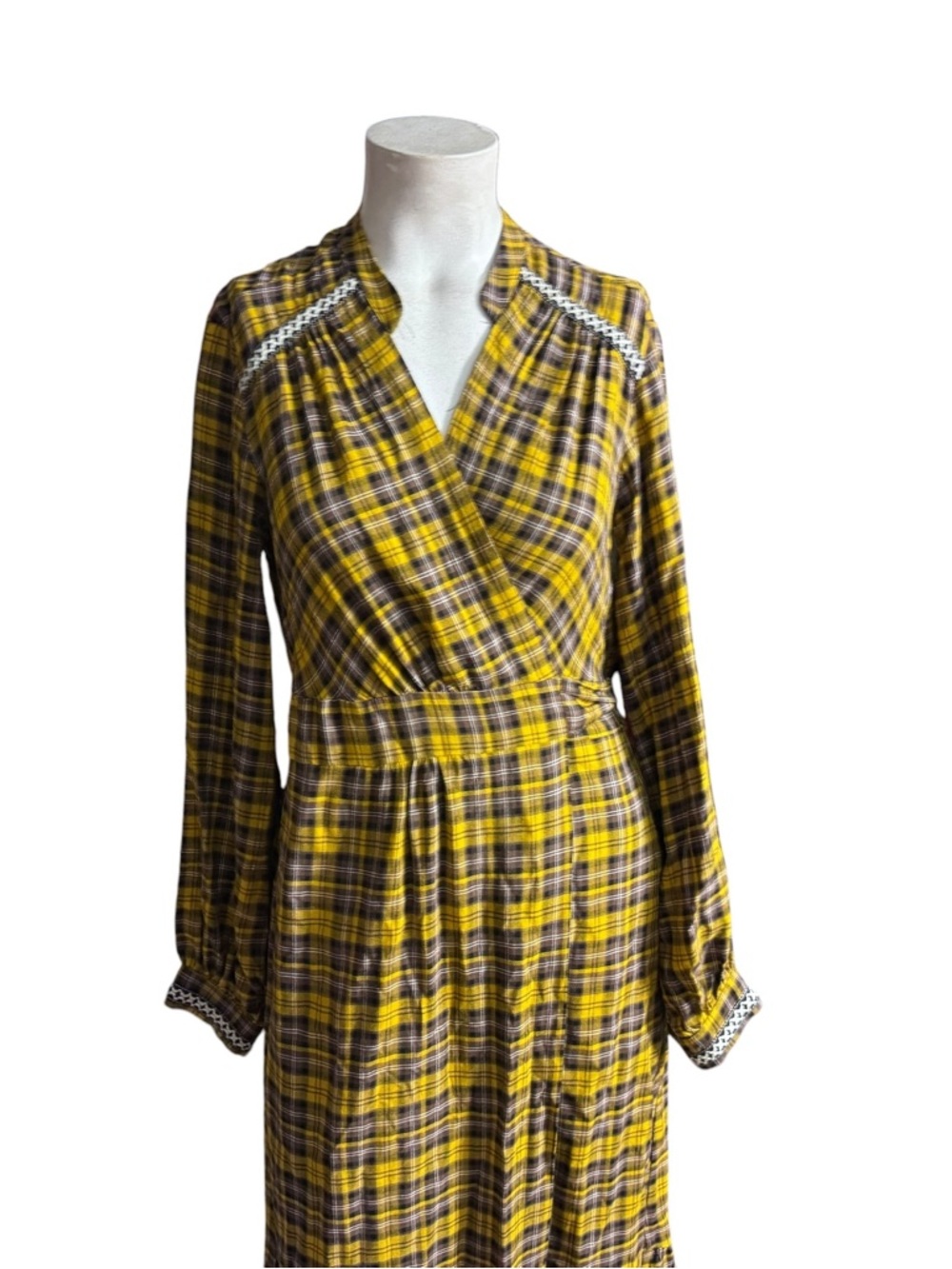 Anthropologie Yellow Plaid Long-Sleeve Wrap Dress with Lace Trim